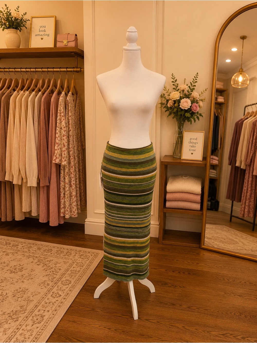 Calvin Klein Jeans Women’s Large Ribbed Midi Skirt Green Yellow Stripe NWT
